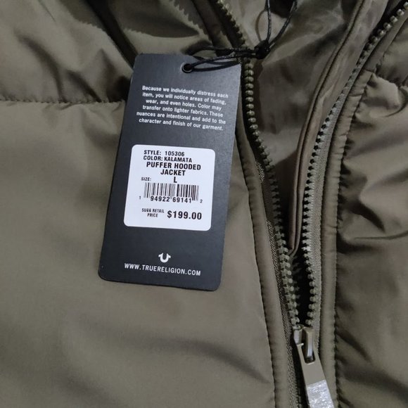 Brand New with Tag ~ True Religion Hooded Puffer Jacket Olive Green size Large - Picture 8 of 12